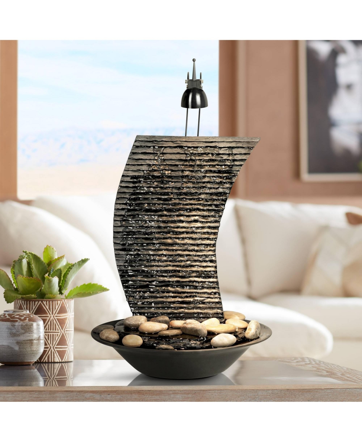 Water Ripple 17 1/4&#x22; High Small Zen Modern Indoor Decor Faux Stone Tabletop Fountain with Light Rock Waterfall Bowl Water Feature for Desk Relaxa