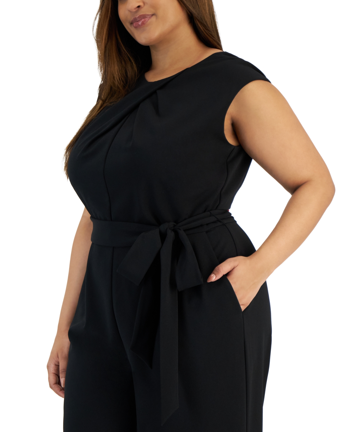Shop Tahari Plus Size Twist-neck Belted Wide-leg Jumpsuit In Black