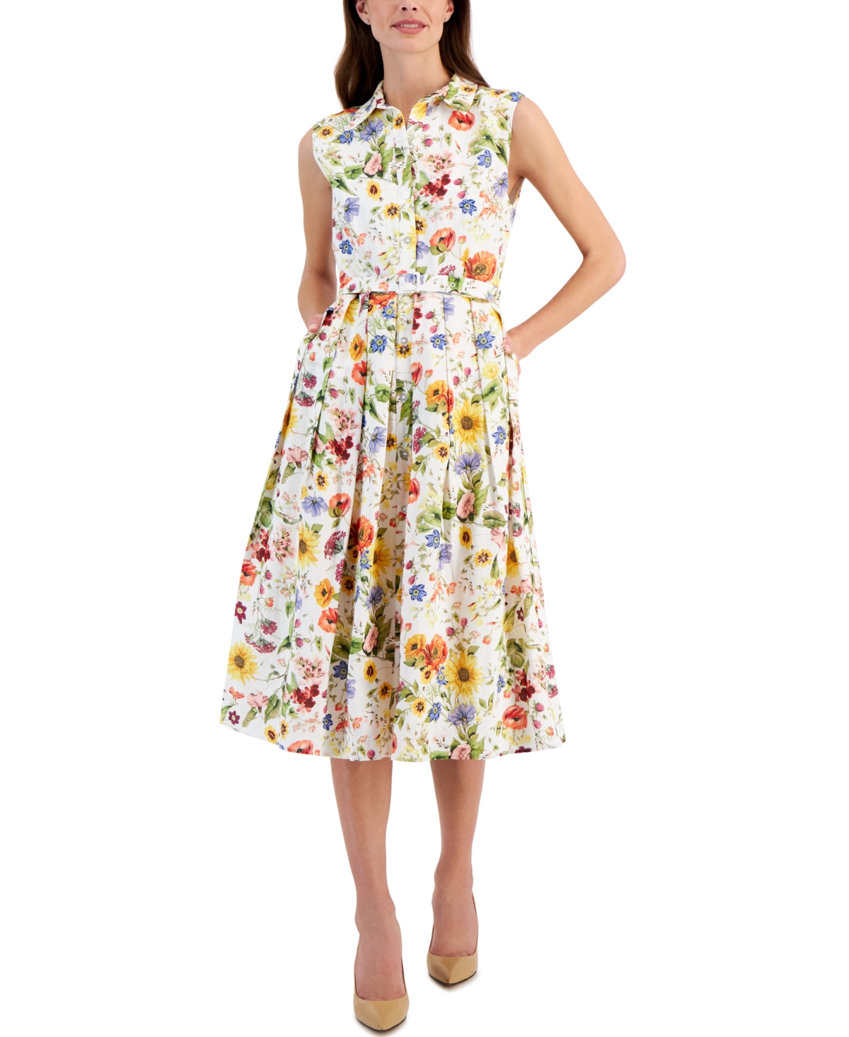 Shop T Tahari Women's Floral Printed Linen-blend Belted Fit & Flare Midi Dress In Sunray Garden Yellow