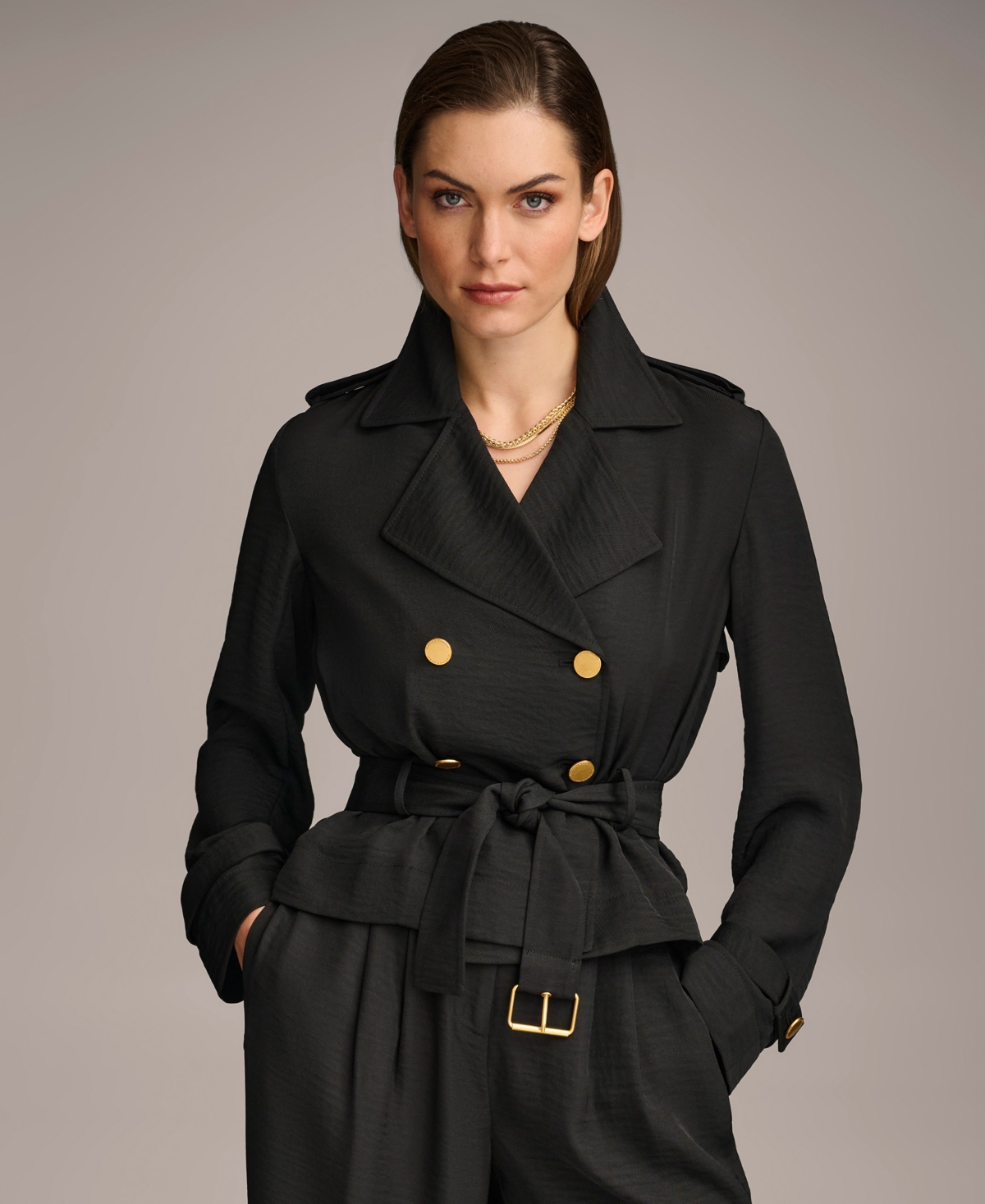 Women's Cropped Belted Jacket - Black