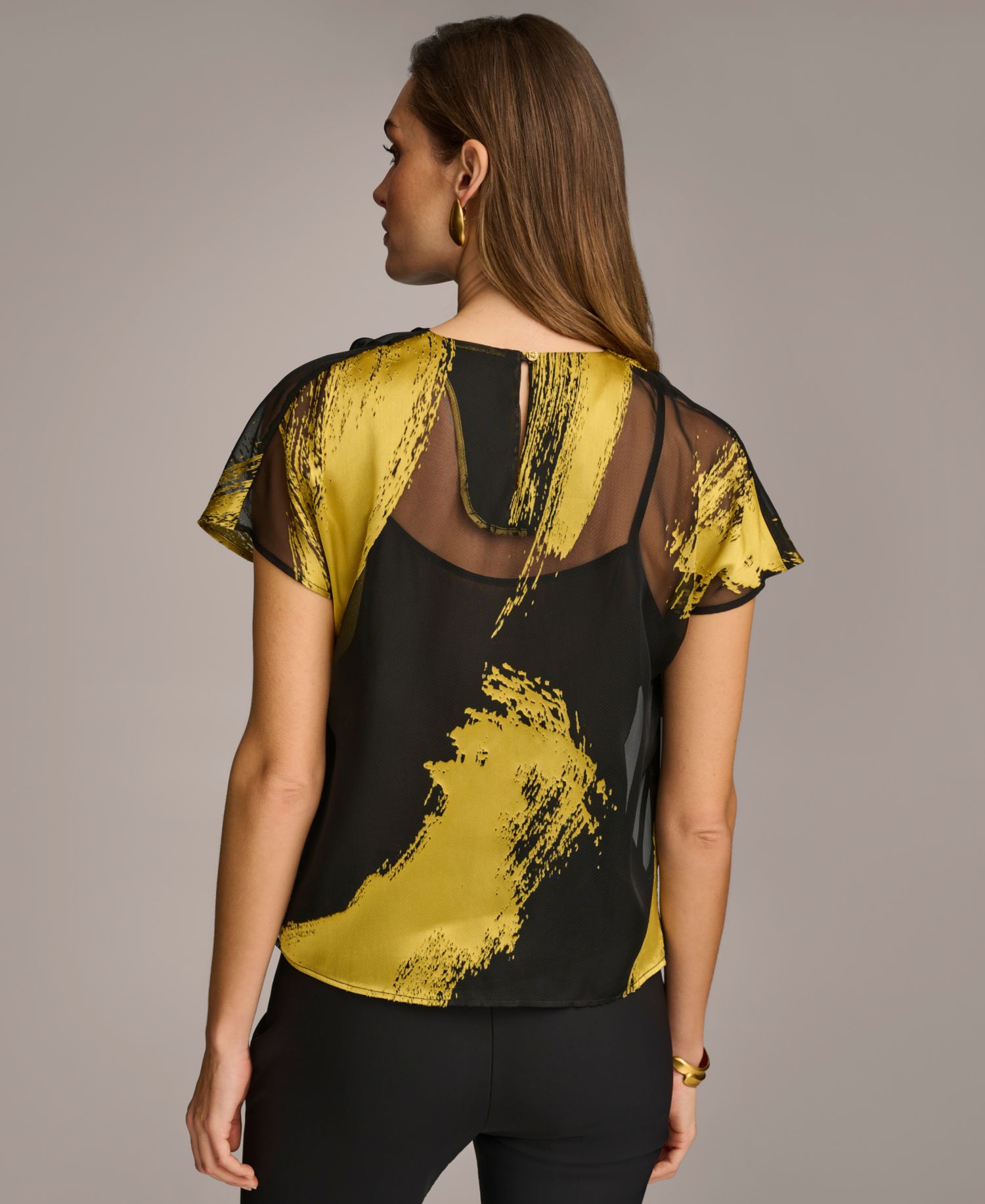 Donna Karan Women's Short Sleeve Metallic Print Blouse