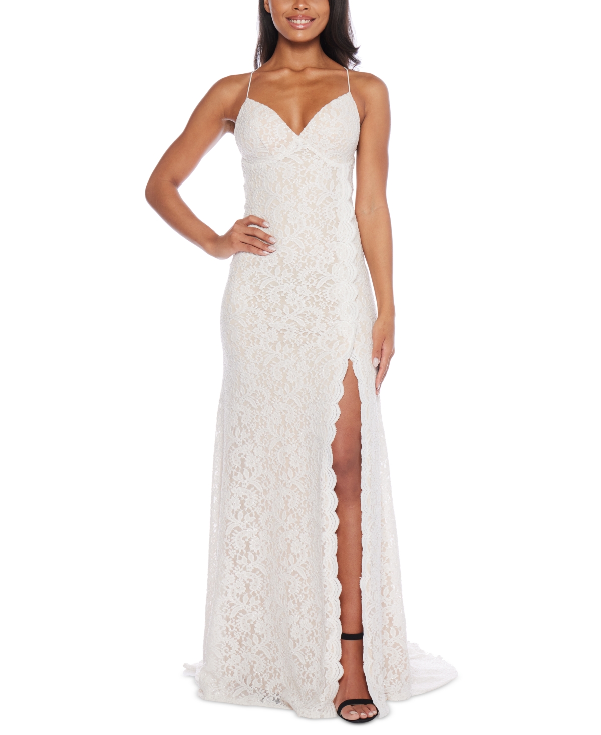 Shop B Darlin Juniors' Glitter Lace Open-back Sleeveless Gown In Off White,silver