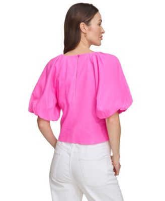 DKNY Women's Cold Shoulder Boat Neck Pullover Top - Blue, Long Sleeve Casual Blouse