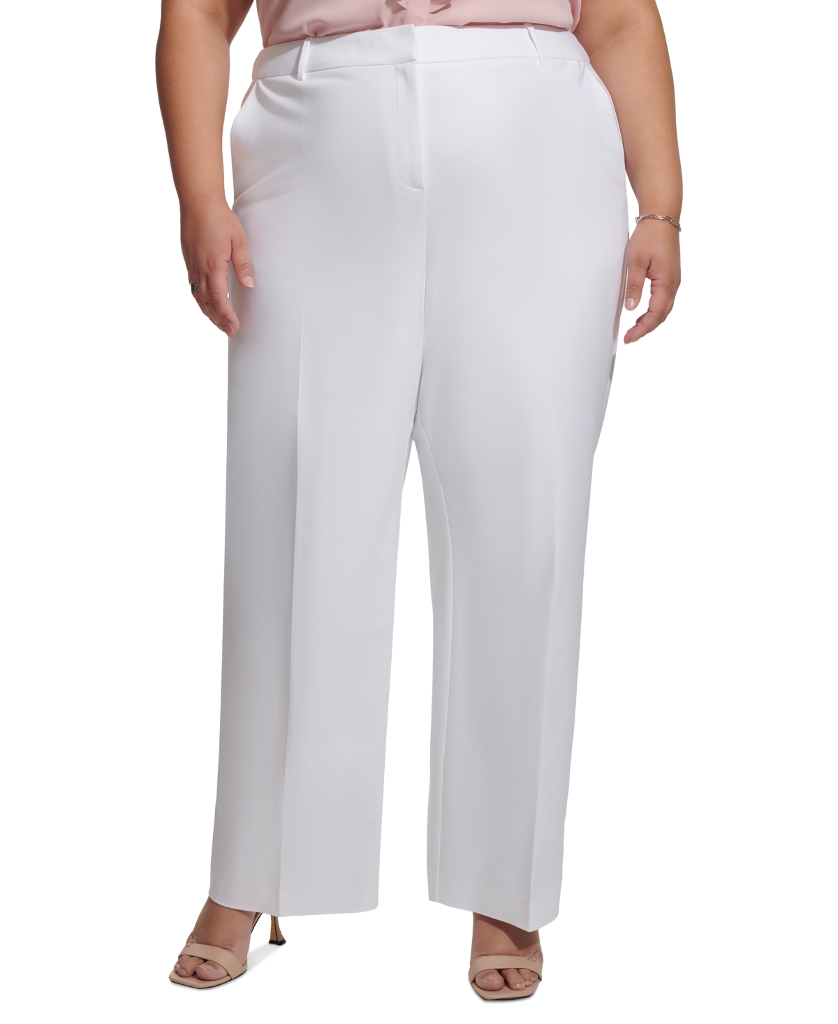 Calvin Klein Plus Size Mid-rise Belted Wide-leg Pants In White