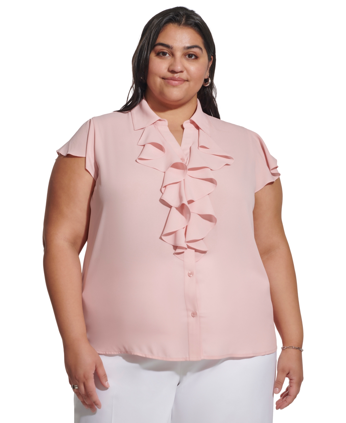 Plus Size Ruffle-Front Cap-Sleeve Top - Silver Pink