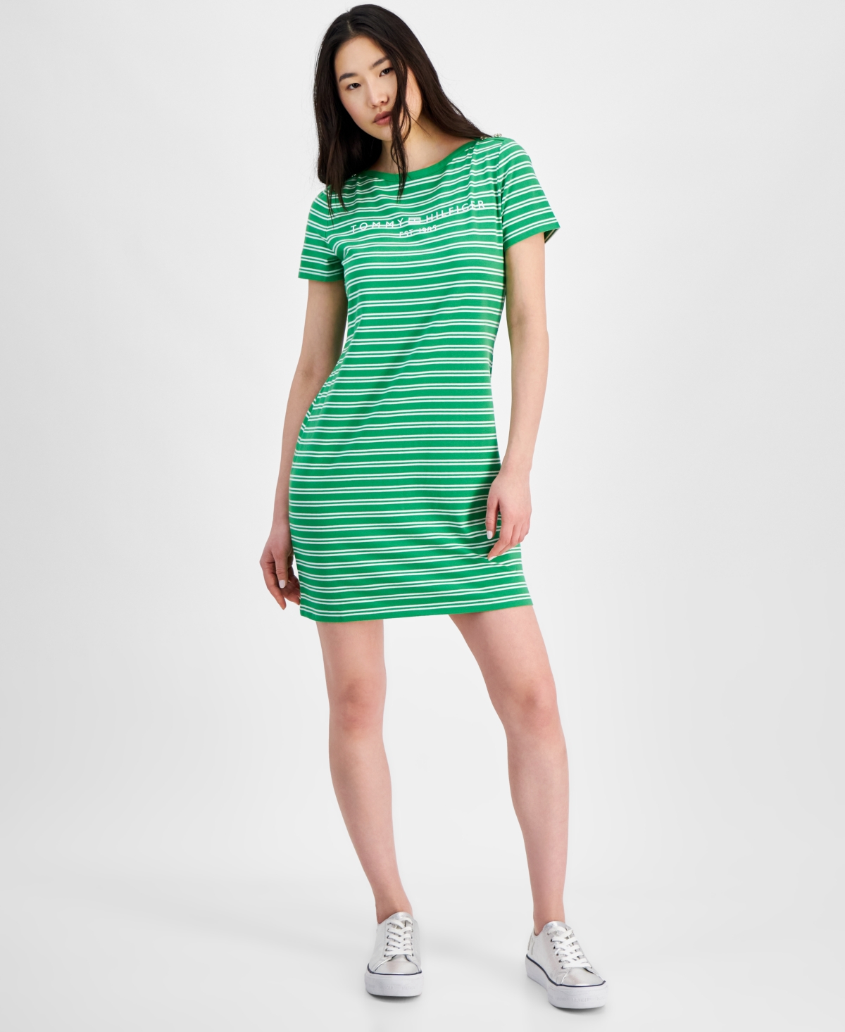 Tommy Hilfiger Women's Striped Logo Short-sleeve T-shirt Dress In Bright Grn