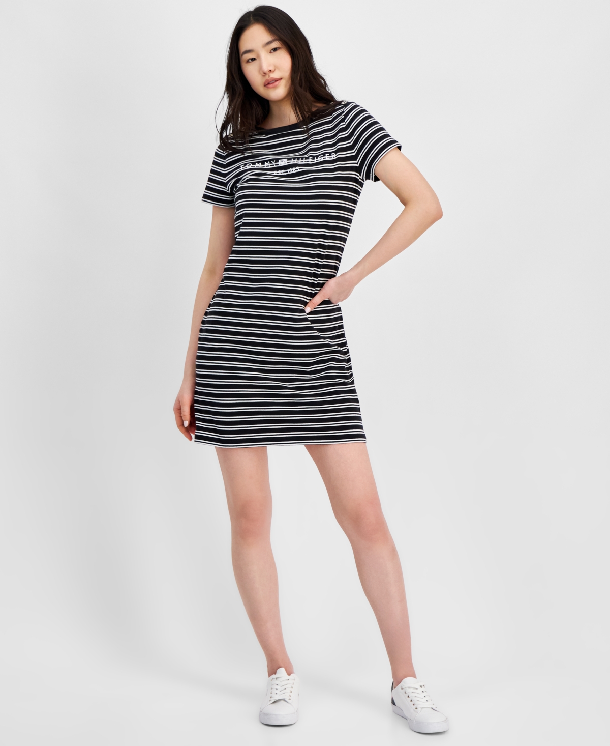 Tommy Hilfiger Women's Striped Logo Short-sleeve T-shirt Dress In Charcoal