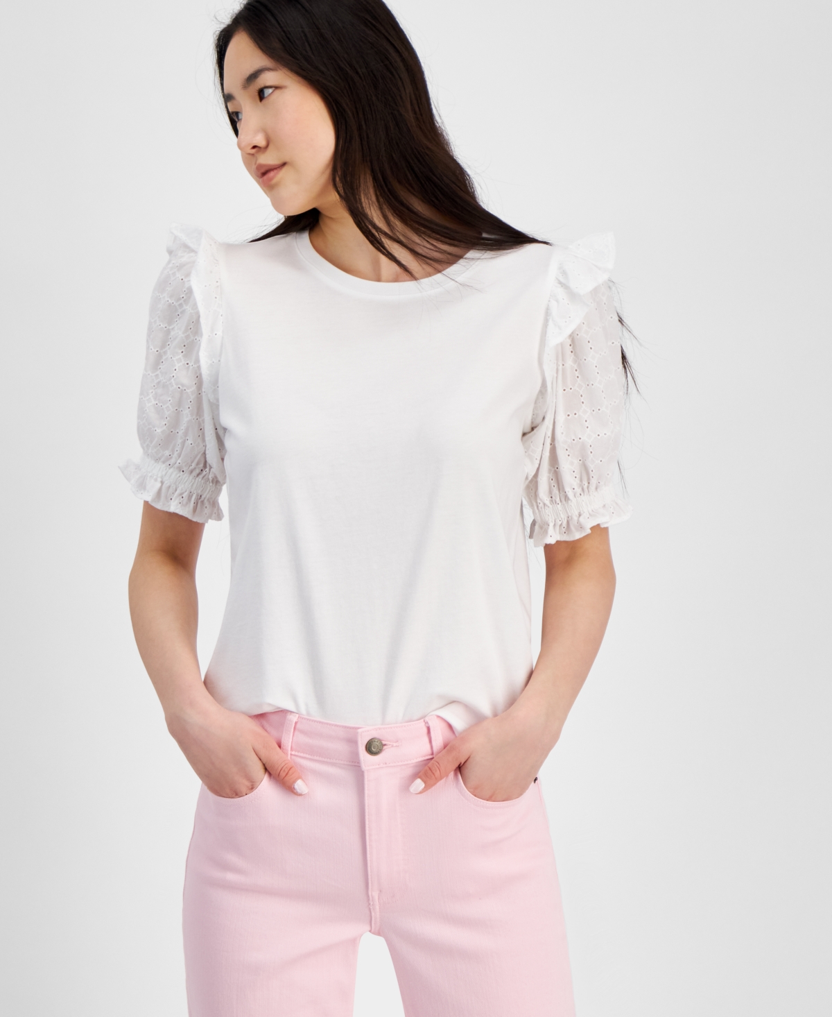 Shop Tommy Hilfiger Women's Ruffled Short-sleeve Top In White
