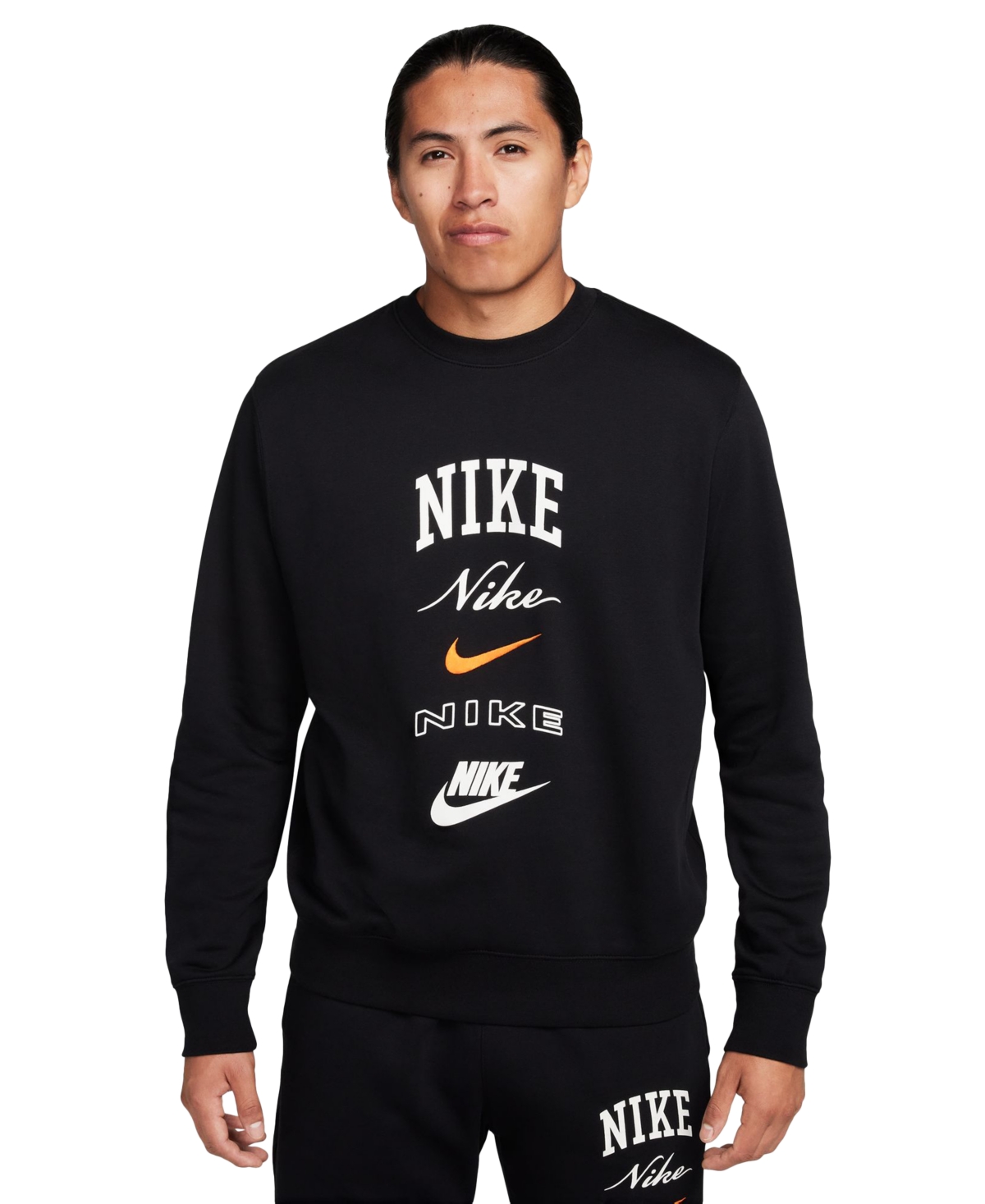 Shop Nike Men's Club Fleece Stacked Logo-print Brushed Fleece Sweatshirt In Black,sail,safety Orange