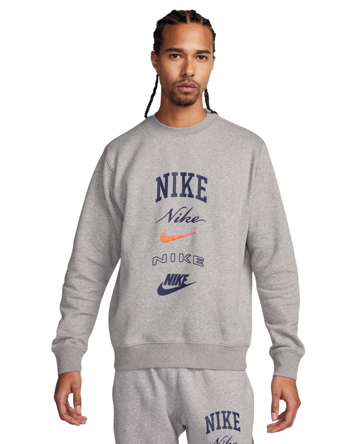 Shop Nike Men's Club Fleece Stacked Logo-print Brushed Fleece Sweatshirt In Dk Grey Heather,safety Orange