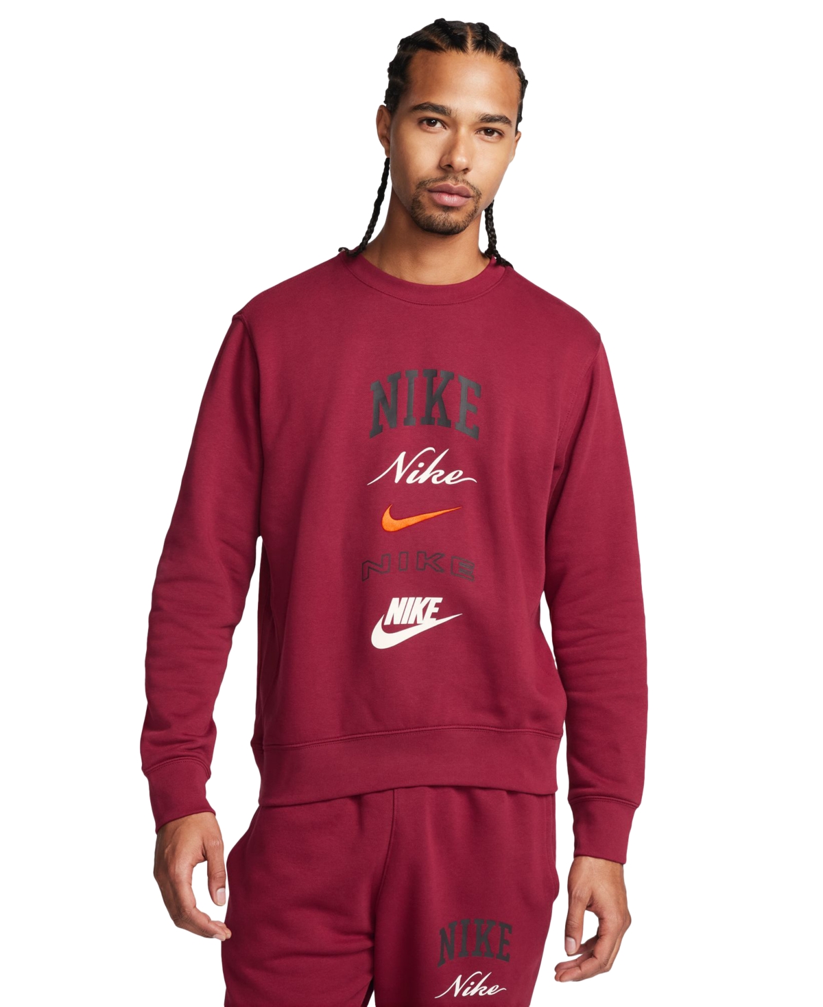 Shop Nike Men's Club Fleece Stacked Logo-print Brushed Fleece Sweatshirt In University Red,white,black,(white)