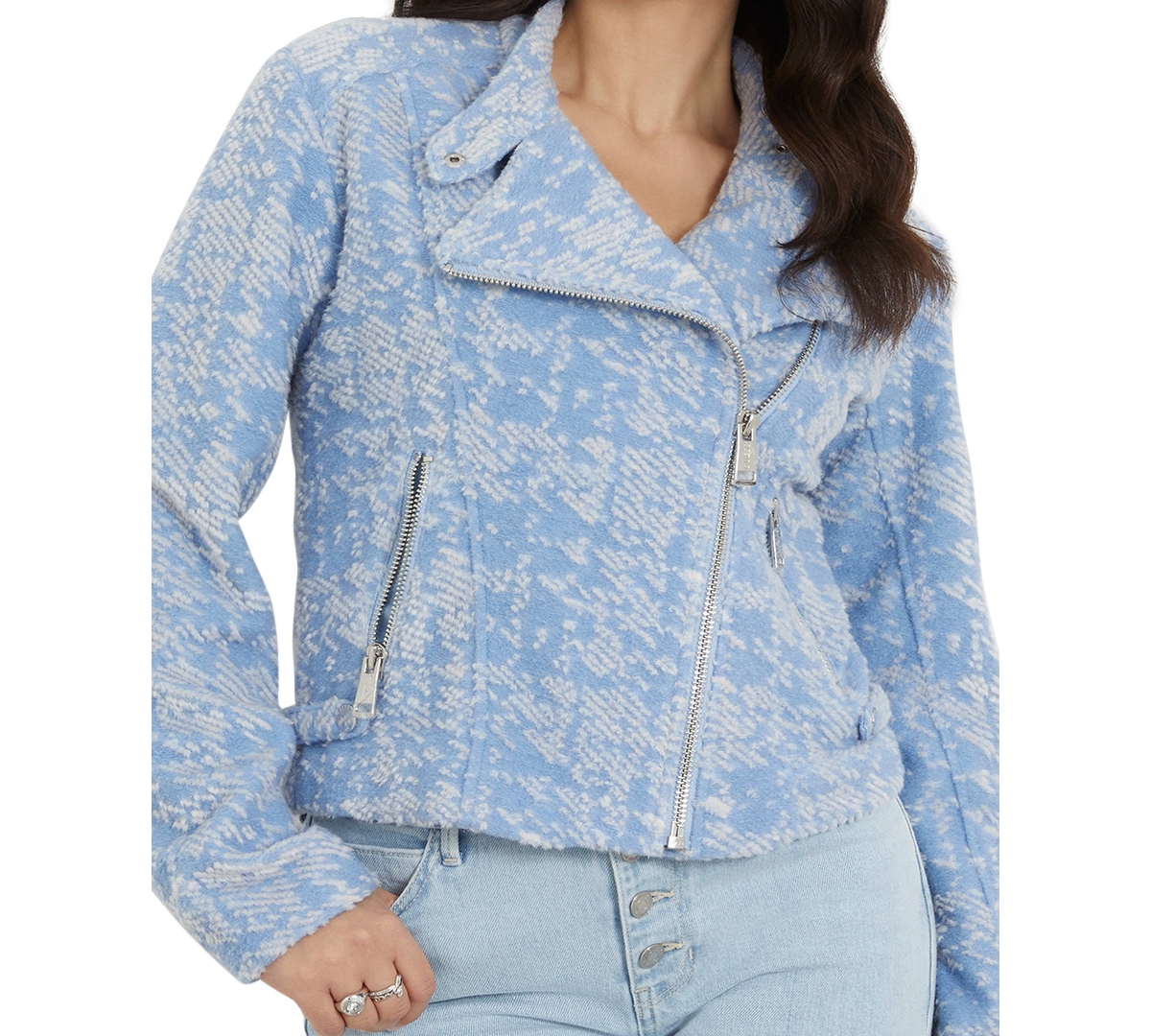 Shop Guess Women's Carolina Asymmetric-zip Biker Jacket In Arctic Sky Multi