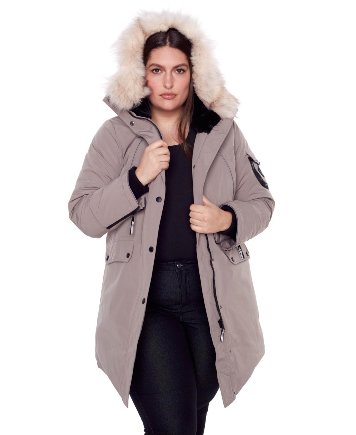 Plus Size Laurentian Long Parka Winter With Faux Fur Hood - Taupe