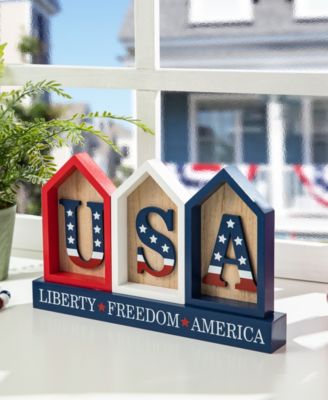 13" L Patriotic, Americana Wooden House-Shaped Table Decor