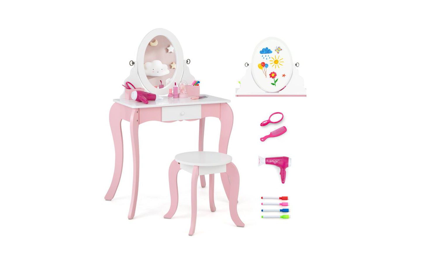 Детские игрушки Slickblue Kids Pretend Vanity Set with 360degree(s) Rotating Mirror and Play Accessories-Pink, цвет: Розовый / Белый — фото 1