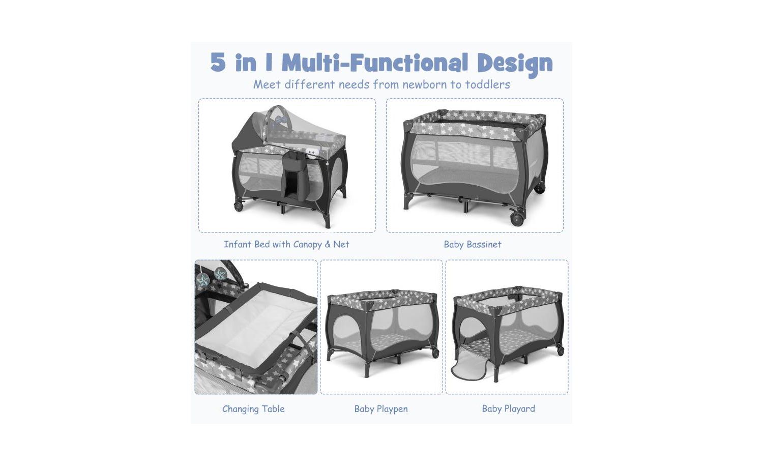 4-in-1 Portable Baby Playard with Bassinet and Adjustable Canopy