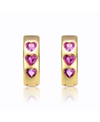 Kids Young/Teens 14k Yellow Gold Plated with Heart Pink Cubic Zirconia Triple Stone Round Hoop Earrings