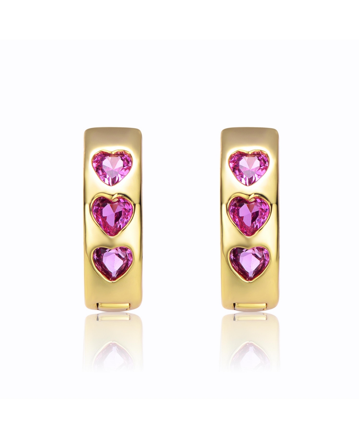 GiGiGirl Kids Young/Teens 14k Yellow Gold Plated with HeartCubic Zirconia Triple Stone Round Hoop Earrings - Pink