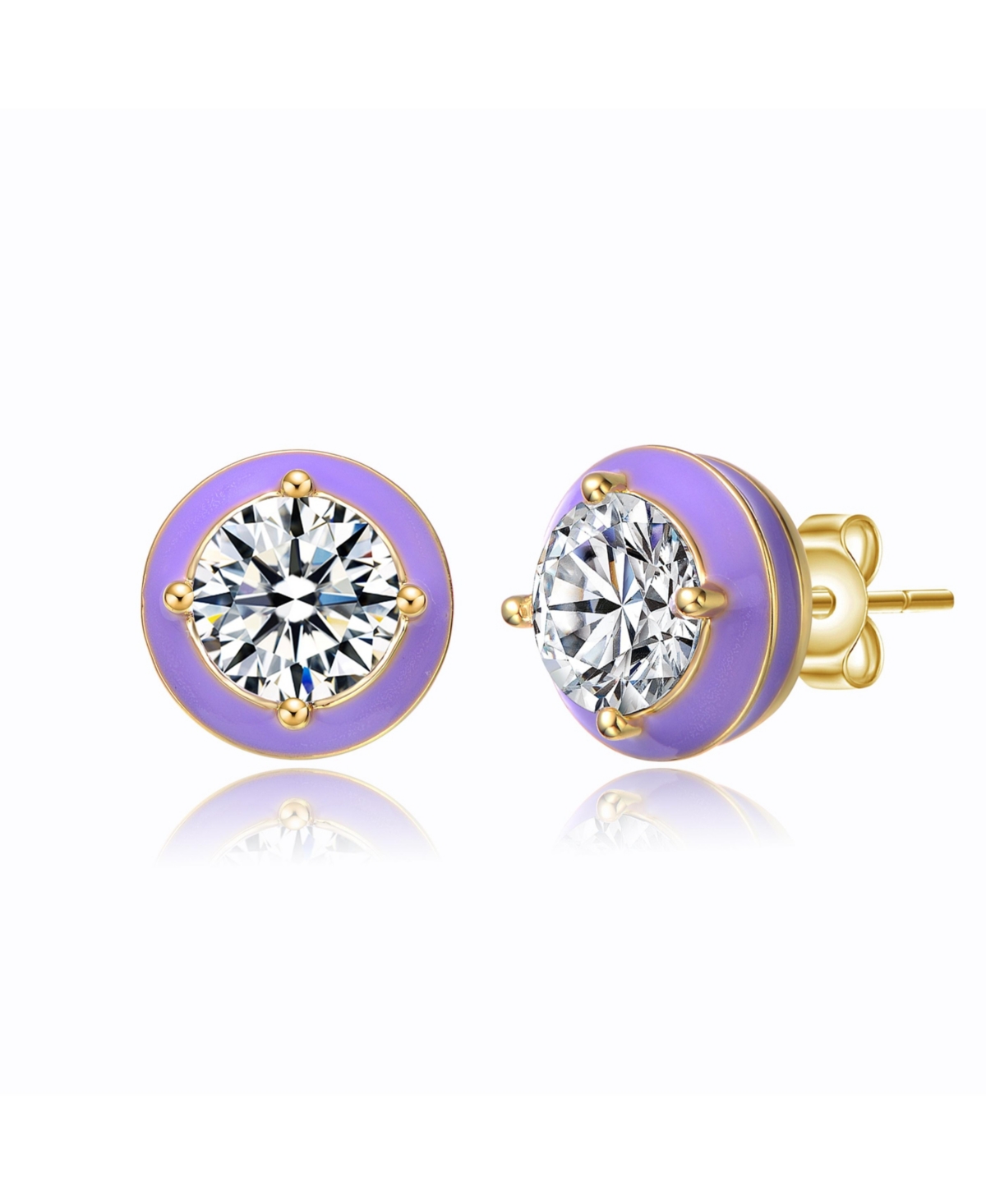 Young Adults/Teens 14k Yellow Gold Plated with Cubic Zirconia Purple Enamel Round Halo Stud Earrings - Purple
