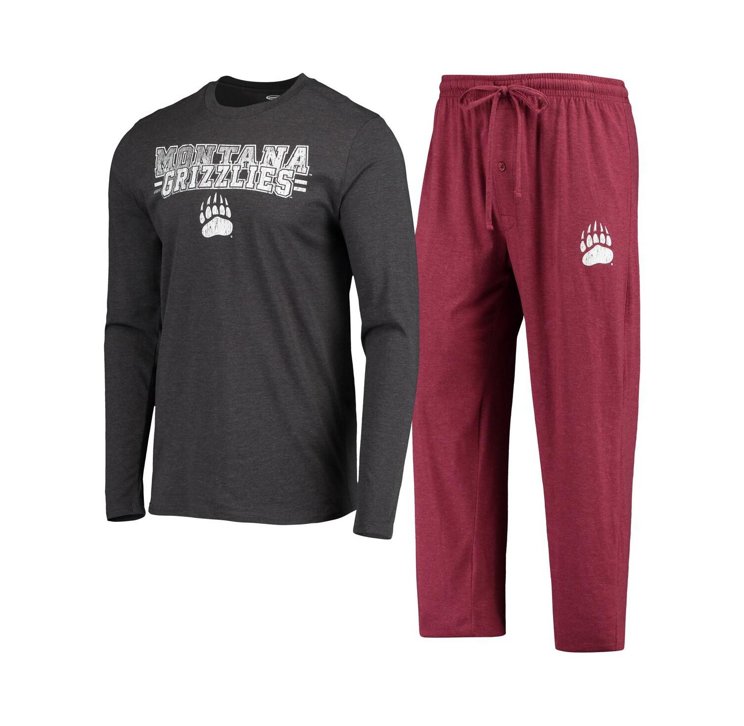 Men's Maroon, Heathered Charcoal Distressed Montana Grizzlies Meter Long Sleeve T-shirt and Pants Sleep Set