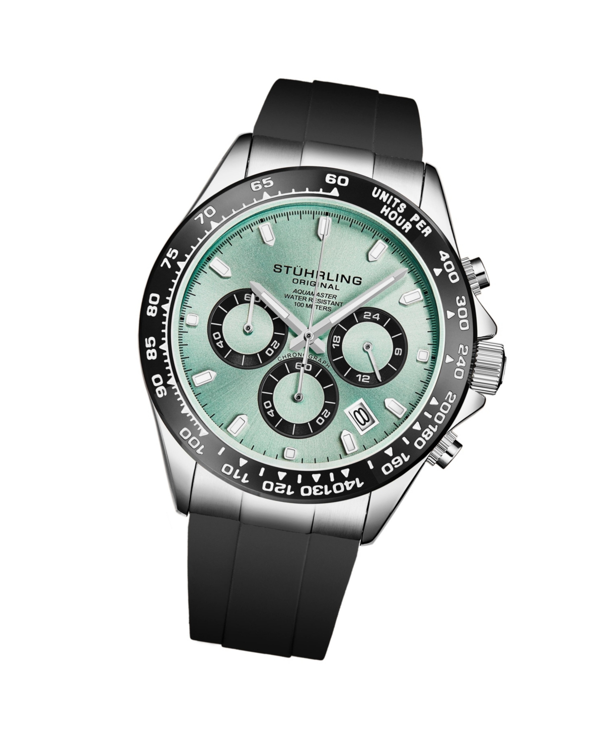 Stuhrling 4050 Men's Quartz Chronograph, Alloy Silver Case, Green Dial, Black Bezel,black rubber strap Watch