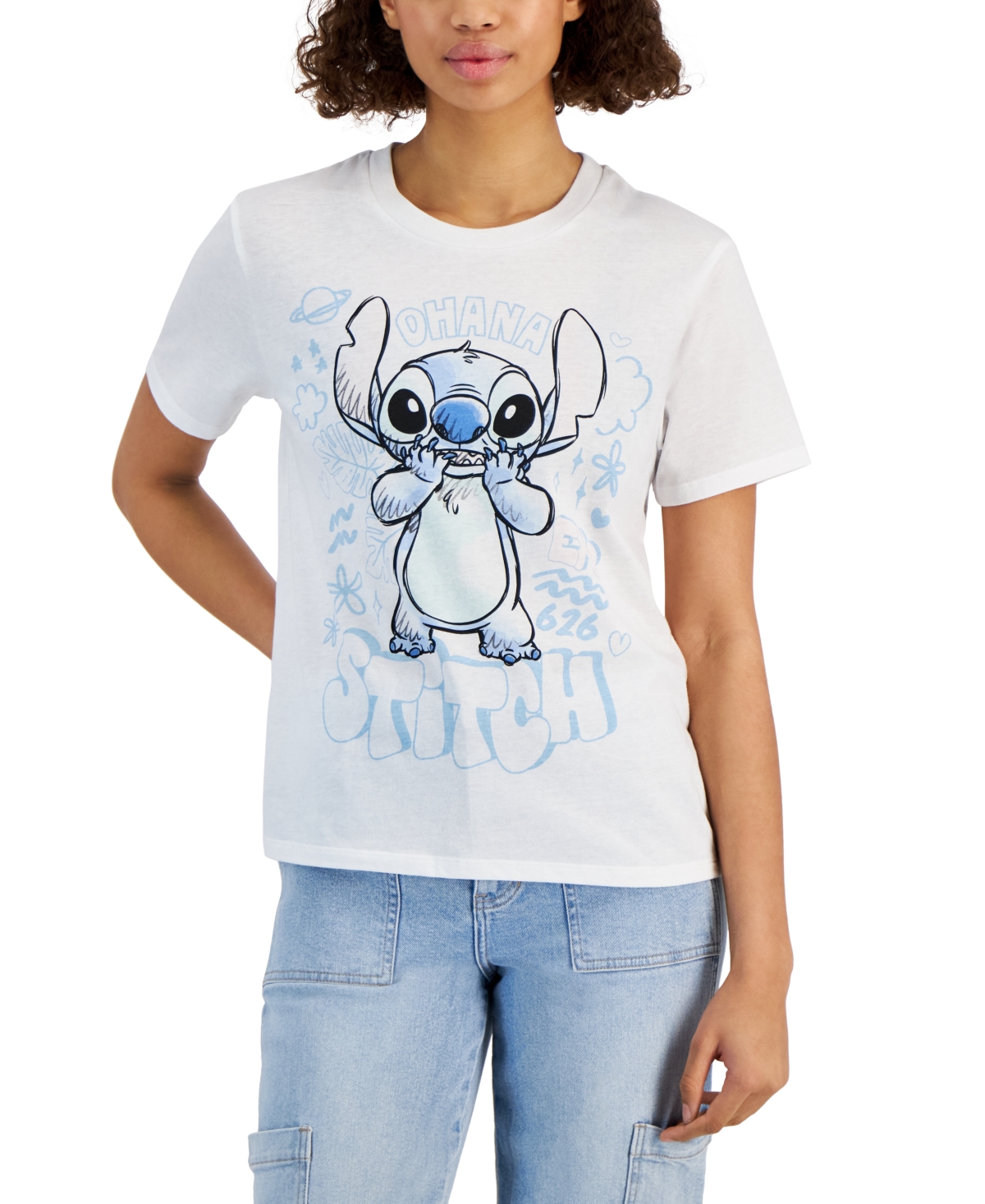 Disney Juniors' Stitch Ohana Graphic-print Tee In White