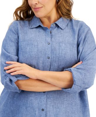 Plus Size 100% Linen Roll-Tab Shirt, Exclusively at Macy's