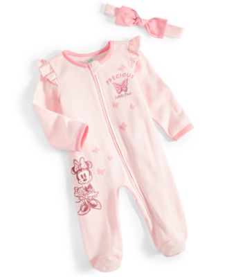 Baby Girls Minnie Mouse Footed Coverall & Headband, 2 Piece Set