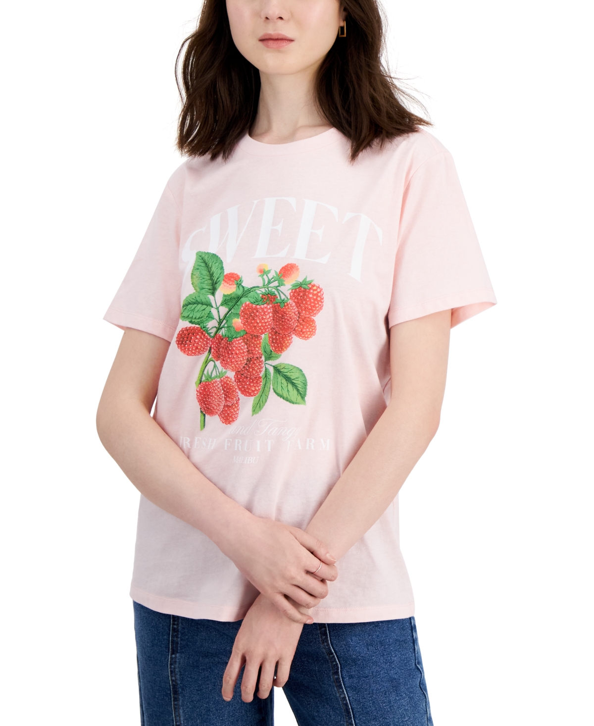 Juniors' Strawberry Crewneck Tee - Pink
