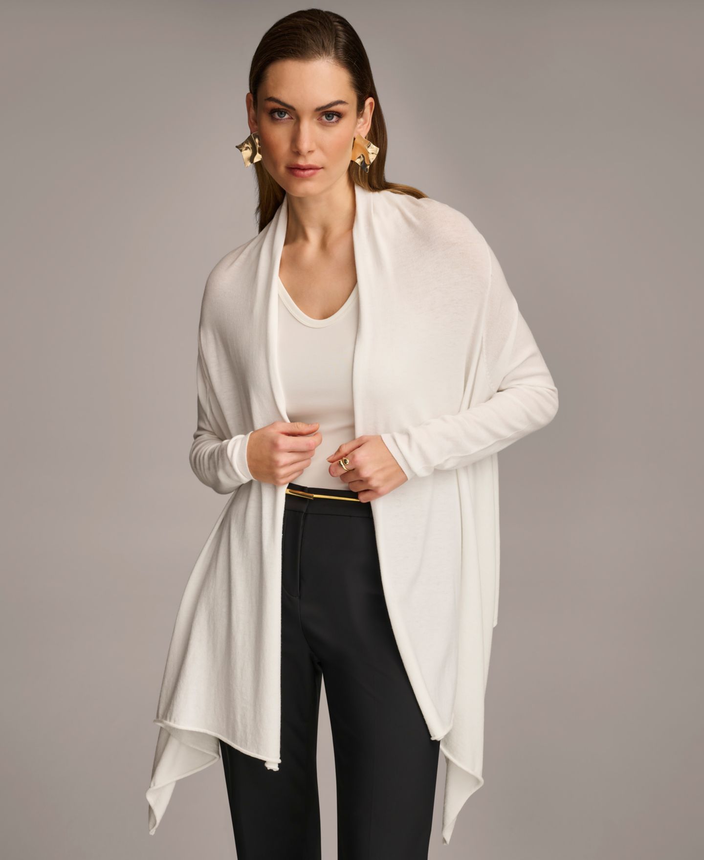 Женский кардиган Donna Karan New York Long-Sleeve Drape-Front, цвет: Кремовый — фото 4