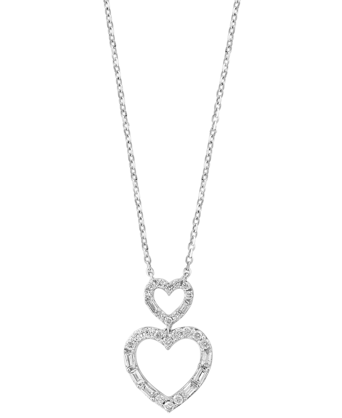 Shop Effy Collection Effy Diamond Round & Baguette Double Heart Pendant Necklace (1/4 Ct. T.w.) In 14k White Gold, 17-1/2