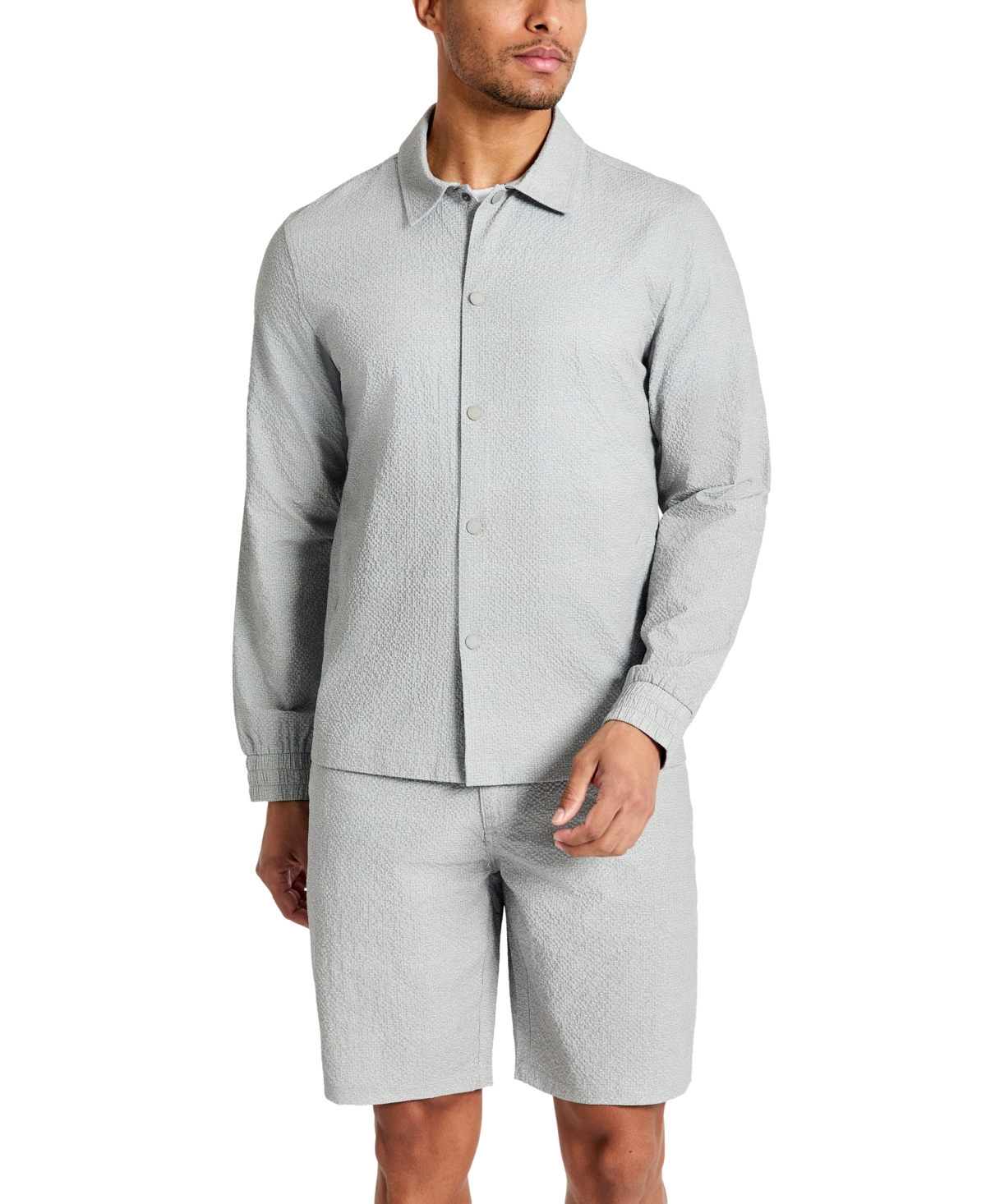 Men's 4-Way Stretch Water-Resistant Printed Seersucker Shirt Jacket - Grey