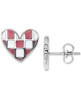 Pink & White Enamel Checkerboard Heart Stud Earrings