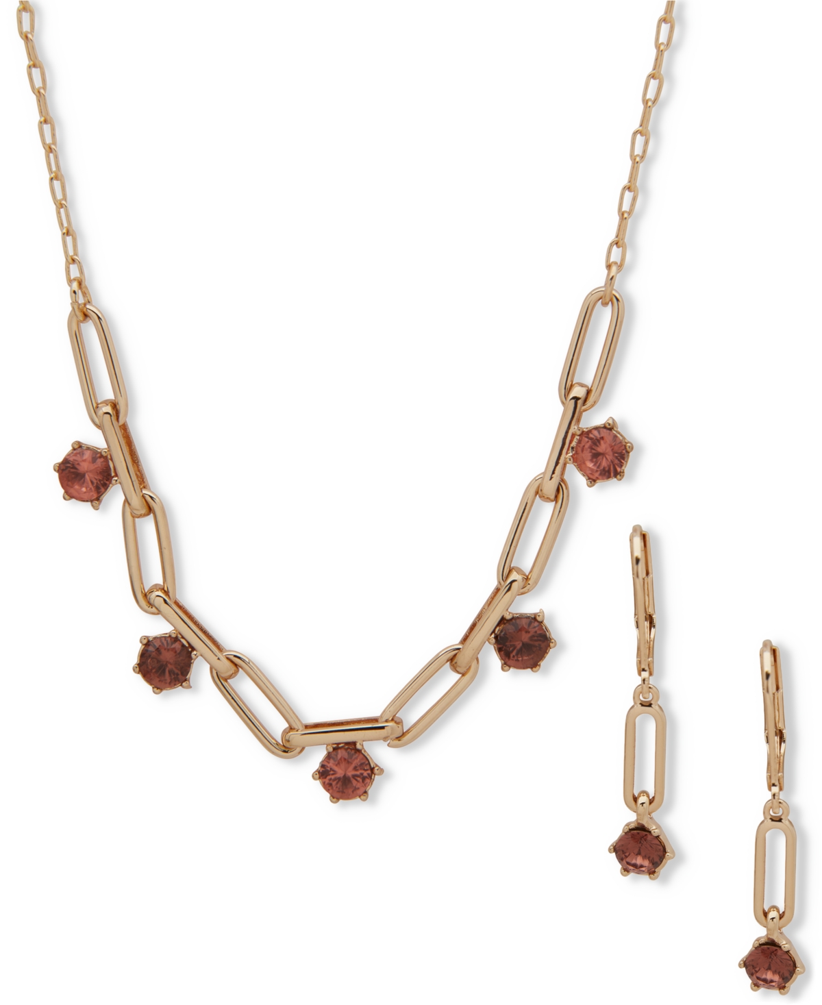 Shop Anne Klein Gold-tone Crystal Link Frontal Necklace & Drop Earrings Set In Multi