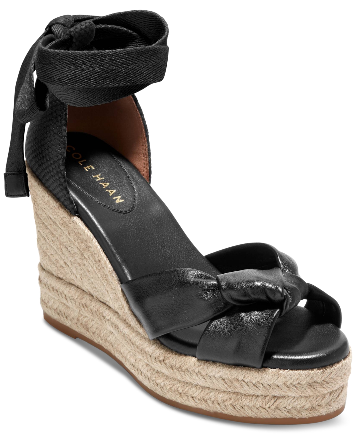 Shop Cole Haan Women's Cloudfeel Hampton Espadrille Wedge Sandals In Black Leather,black Canvas