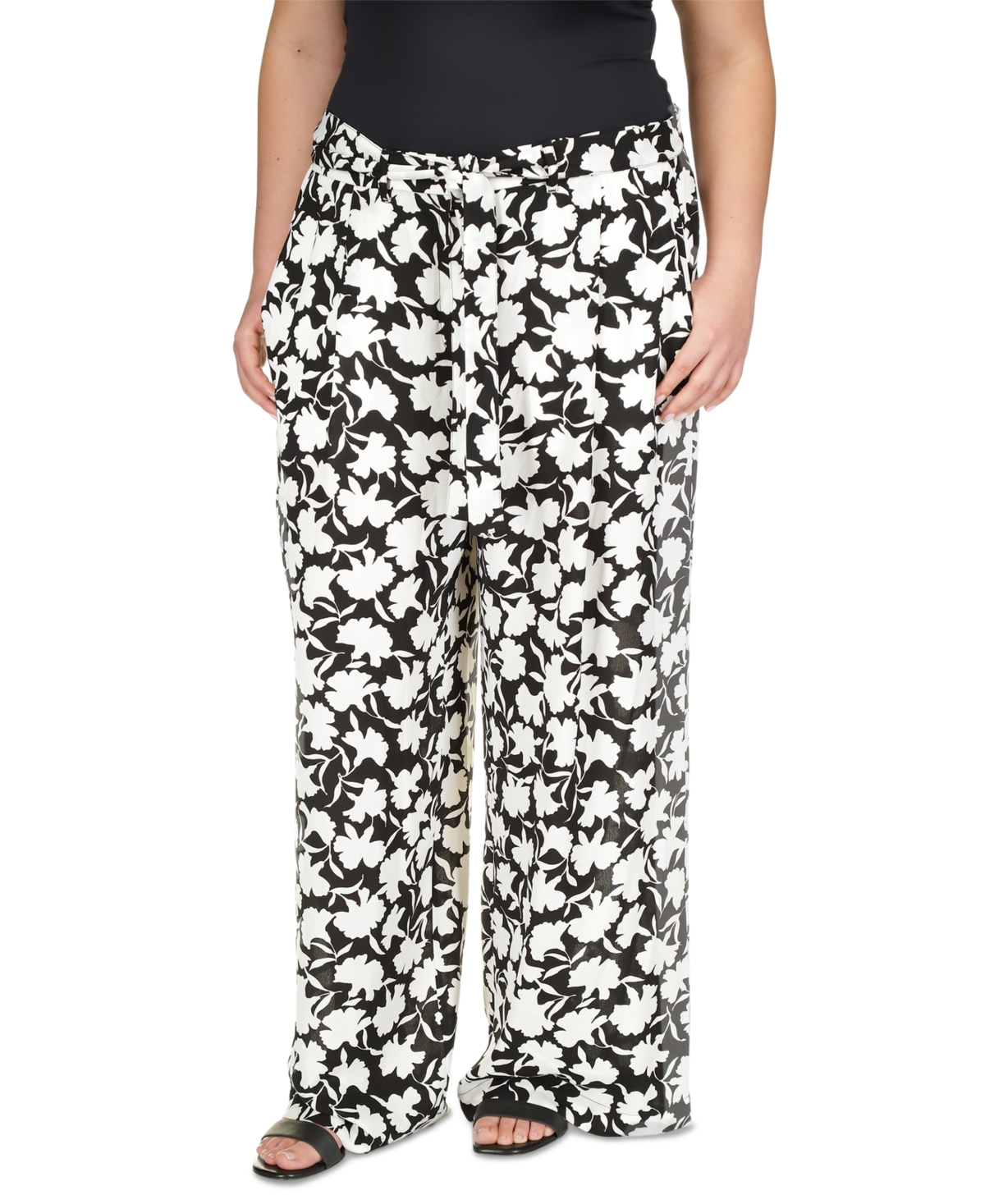 Michael Kors Michael  Plus Size Floral Belted Pants In Black,white