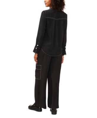 売れ筋商品|||ヴィンスカムート カットソー トップス レディース Women's Contrast Stitch Button Front Collared Blouse Rich Black Vince Camuto Women's Contrast Stitch Button Front Collared