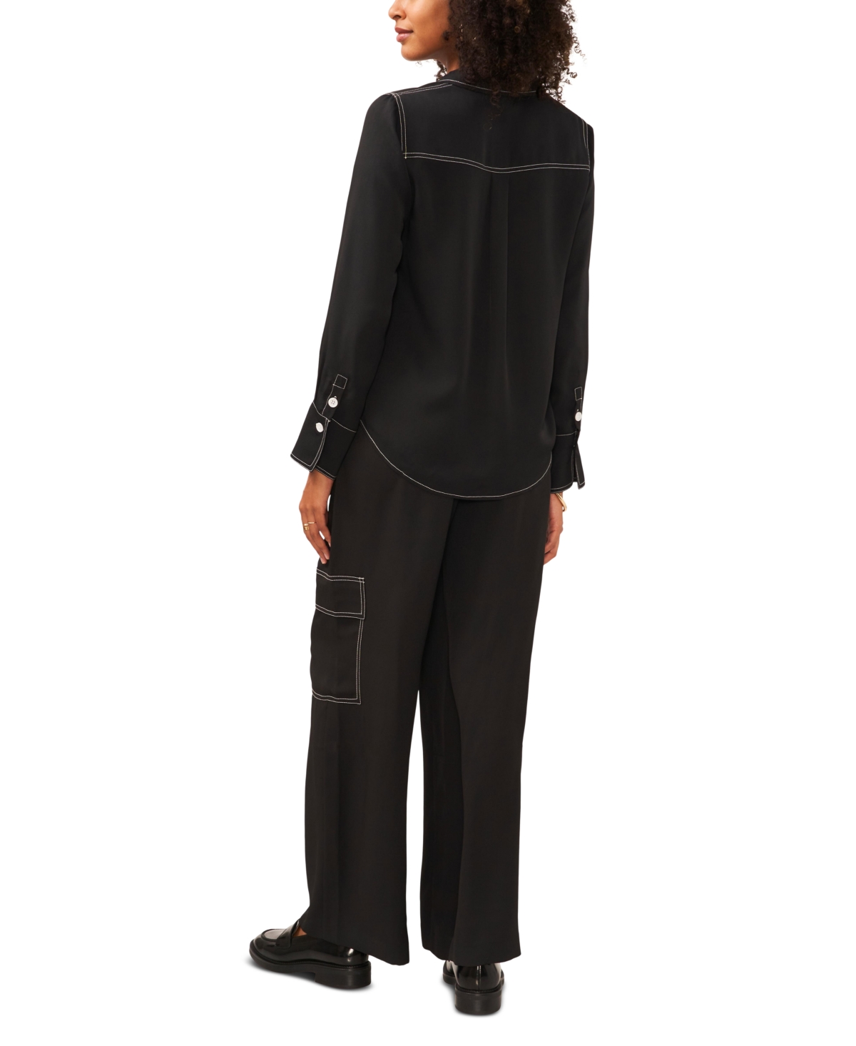 Shop Vince Camuto Women's Contrast Stitch Button Front Collared Blouse In Rich Black
