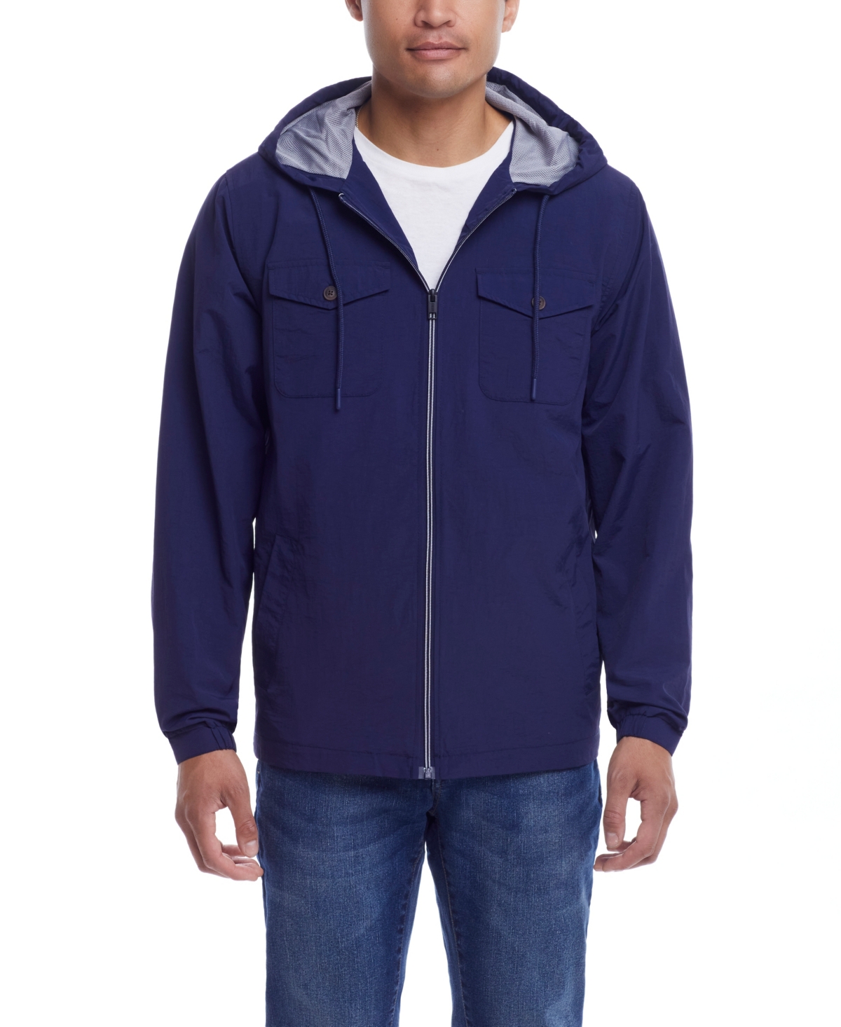 Men's Nylon Zip Front Hooded Jacket - Navy