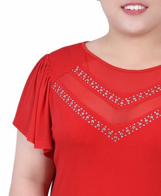 Plus Size Studded Short Flutter Sleeve Top with Mesh Details