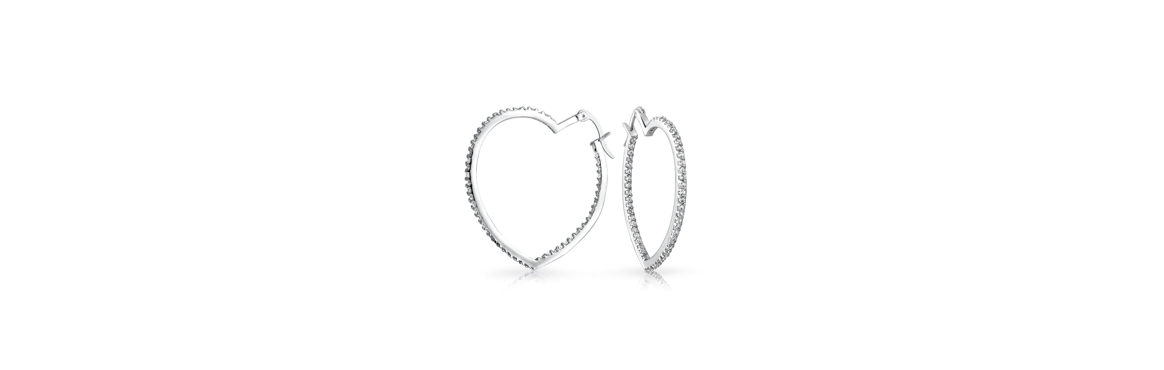 Bling Jewelry Heart Shaped Inside Out Cubic Zirconia Pave Cz Large Hoop Earrings Rhodium Plated Brass 1.5 In Diameter