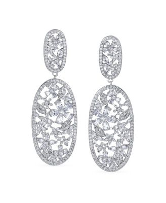 Large Cubic Zirconia Flower Leaf Oval Long Statement CZ Bouquet Chandelier Dangle Clip On Earrings Prom Rhodium Plated Brass