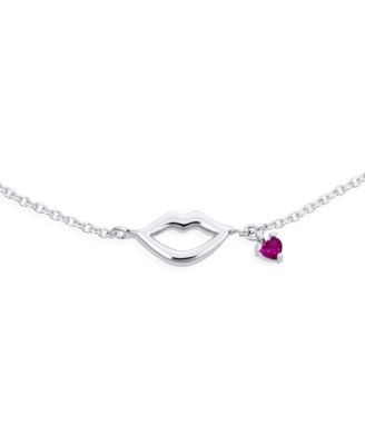 Lover  Kissing Lip Red Heart CZ Charm Anklet Link Ankle Bracelet Sterling Silver 9-10 Inch Adjustable