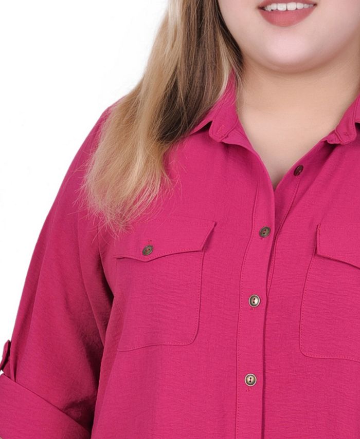 Ny Collection Womens Plus 3 4 Sleeve Roll Tab Y Neck Blouse Blue Size 2x