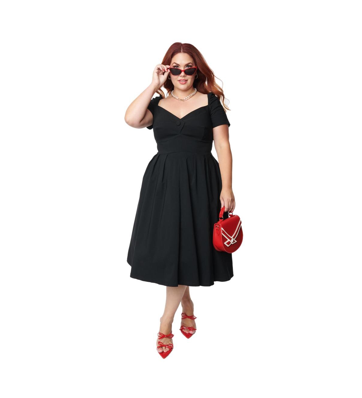Plus Size Short Sleeve Sweetheart Midge Swing Dress - Black