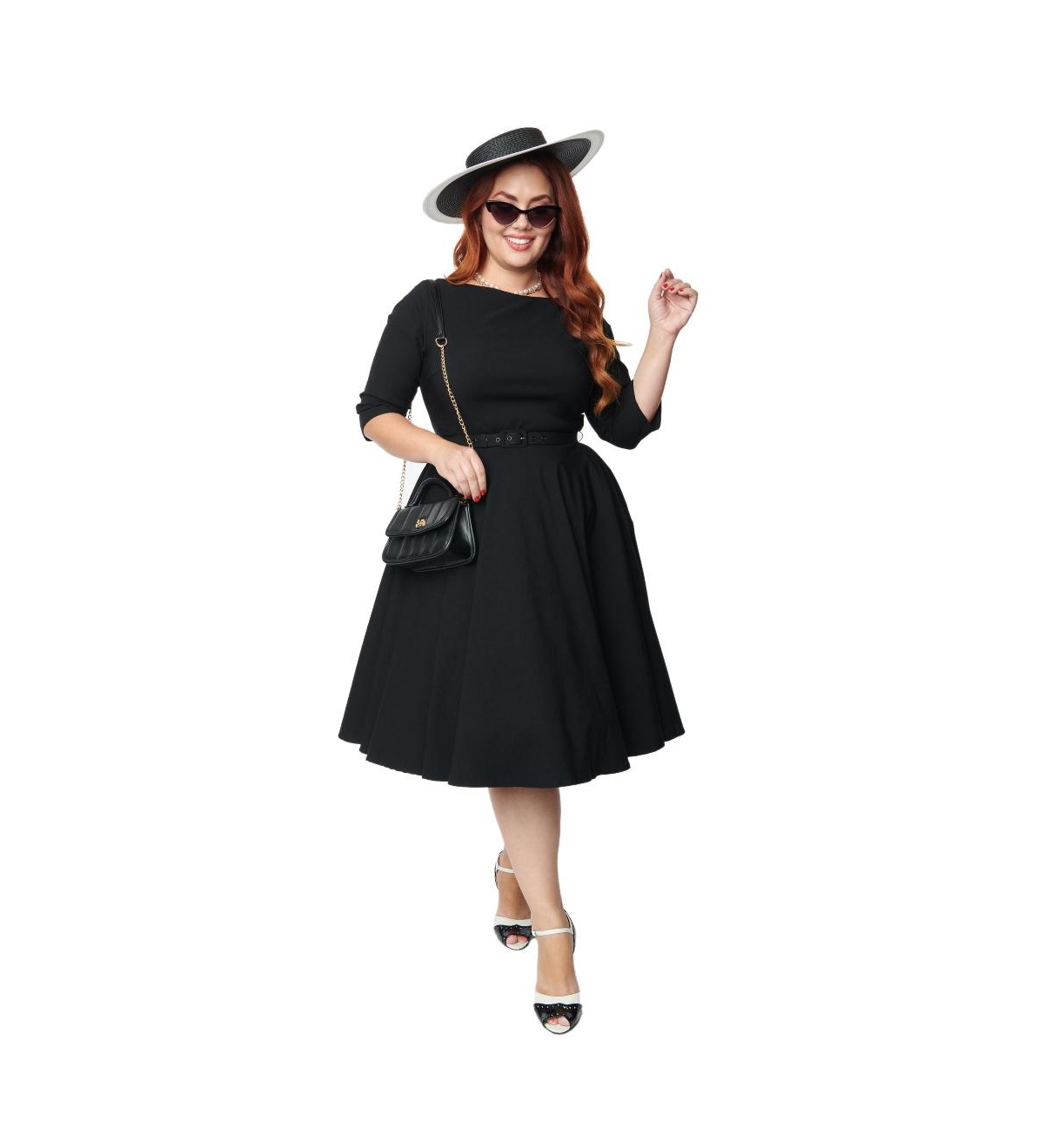 Plus Size Three Quarter Sleeve Belted Devon Swing Dress - Black