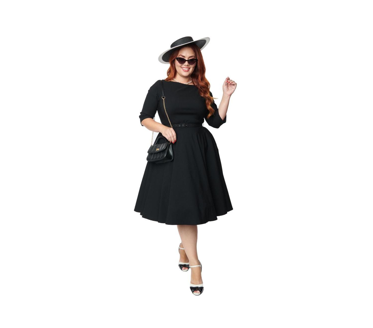 Plus Size Three Quarter Sleeve Belted Devon Swing Dress