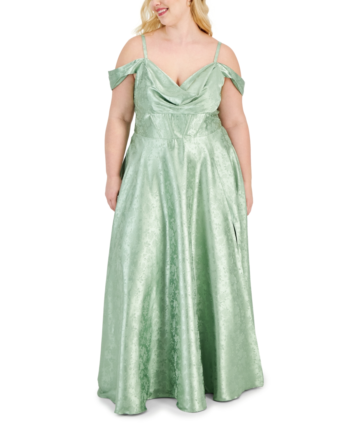 B Darlin Trendy Plus Size Off-the-shoulder Satin Jacquard Gown In Sage