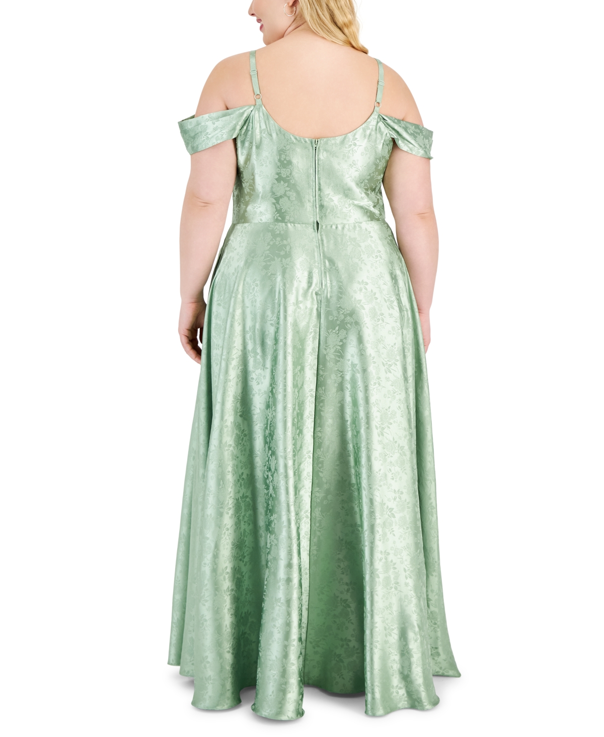 B Darlin Trendy Plus Size Off-the-shoulder Satin Jacquard Gown In Sage