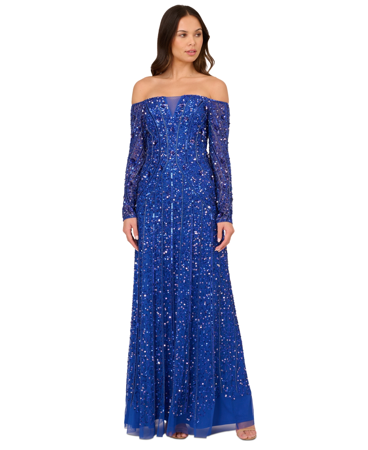 Shop Adrianna Papell Women's Beaded Off-the-shoulder Ball Gown In Brilliant Sapphire